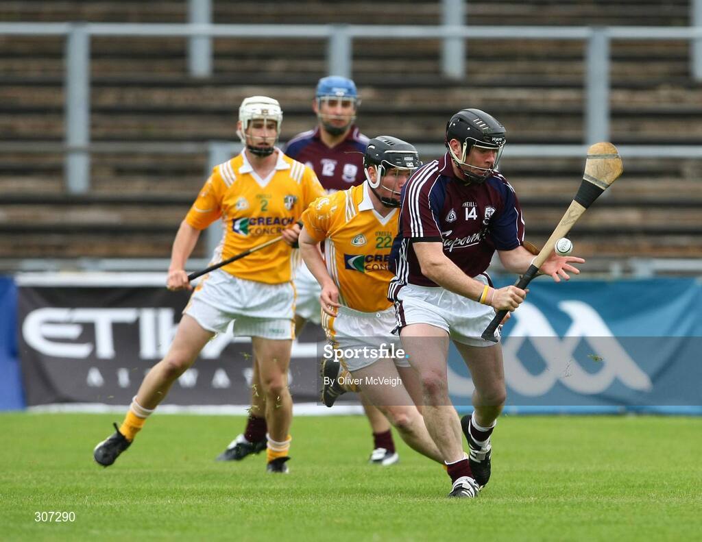 28 June 2008; Eugene Cloonan, Galway, in action against James McKeague, Antrim. All-Ireland Senior Championship Qualifier, Round 1, Antrim v Galway, Casement Park, Belfast, Co. Antrim. Picture credit: Oliver McVeigh / SPORTSFILE