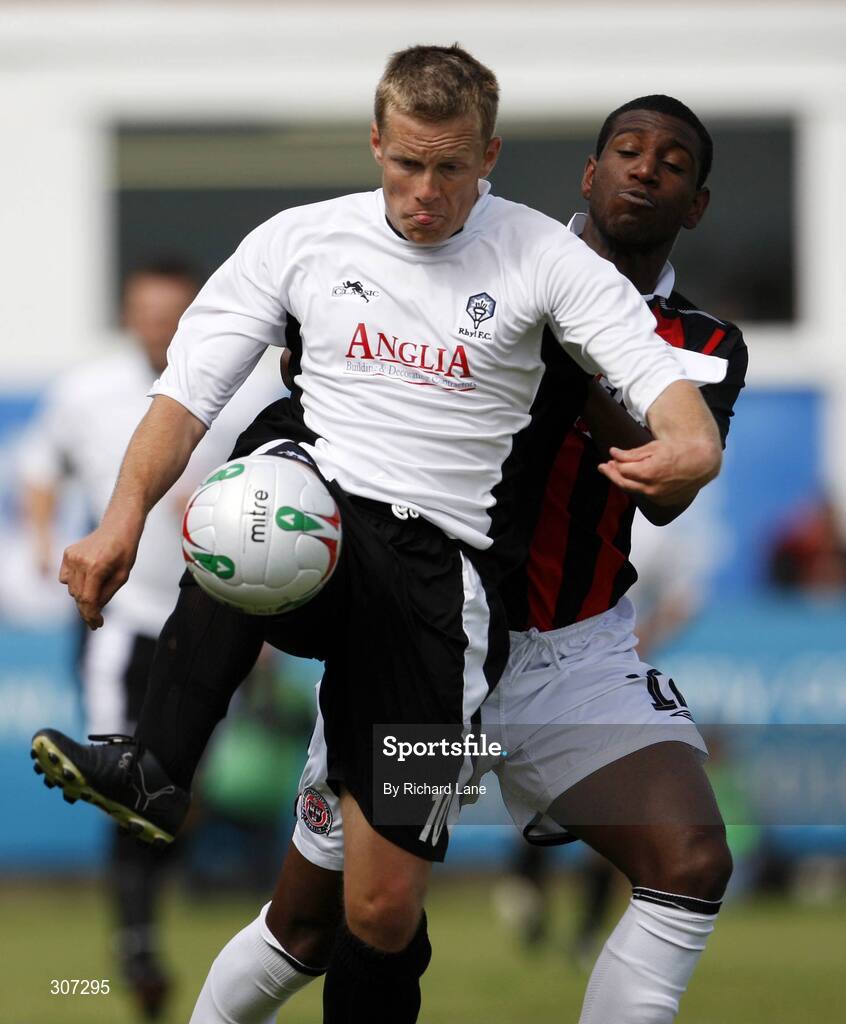 28 June 2008; Darren Mansaram, Bohemians, in action against Mark Lloyd Williams, Rhyl. UEFA Intertoto Cup, First Round, 2nd Leg, Rhyl F.C. v Bohemians FC, Belle Vue Stadium, Grange Road, Rhyl, Denbighshire, Wales. Picture credit: Richard Lane / SPORTSFILE