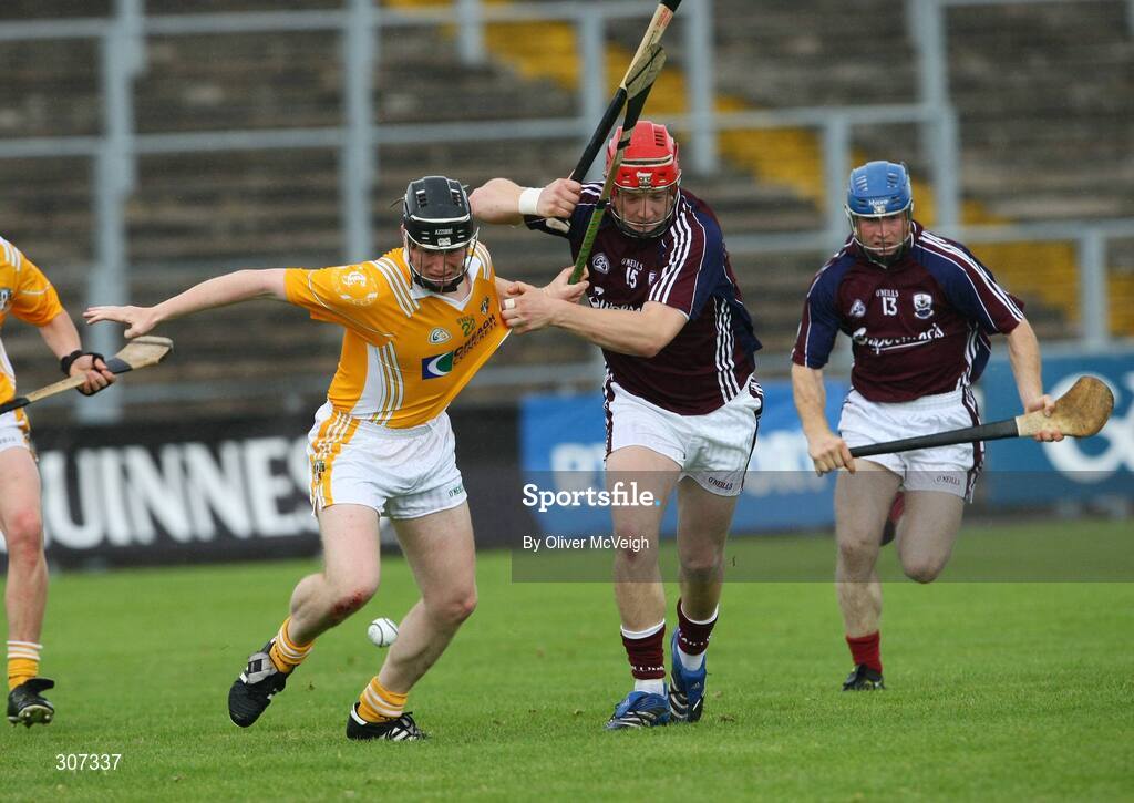 28 June 2008; James McKeague, Antrim, in action against Joe Canning, Galway. All-Ireland Senior Championship Qualifier, Round 1, Antrim v Galway, Casement Park, Belfast, Co. Antrim. Picture credit: Oliver McVeigh / SPORTSFILE