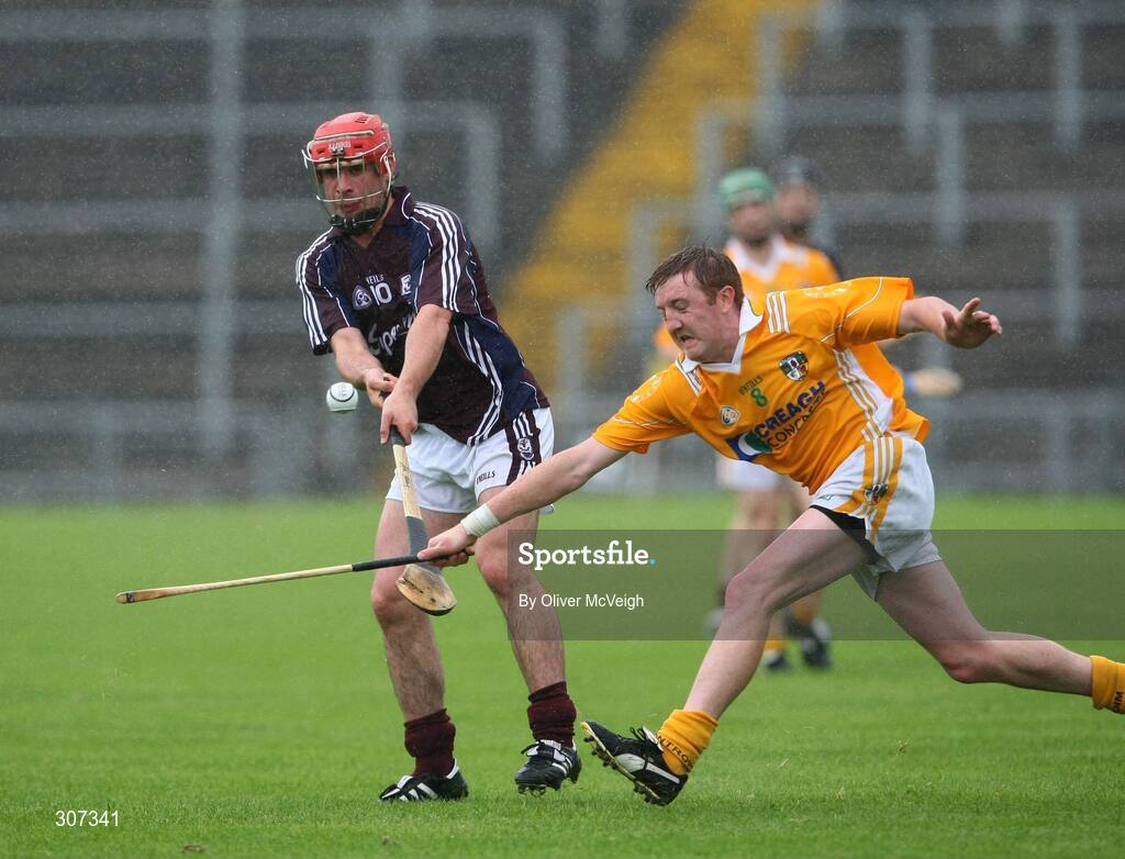 28 June 2008; Alan Kerins, Galway, in action against Karl Stewart, Antrim. All-Ireland Senior Championship Qualifier, Round 1, Antrim v Galway, Casement Park, Belfast, Co. Antrim. Picture credit: Oliver McVeigh / SPORTSFILE