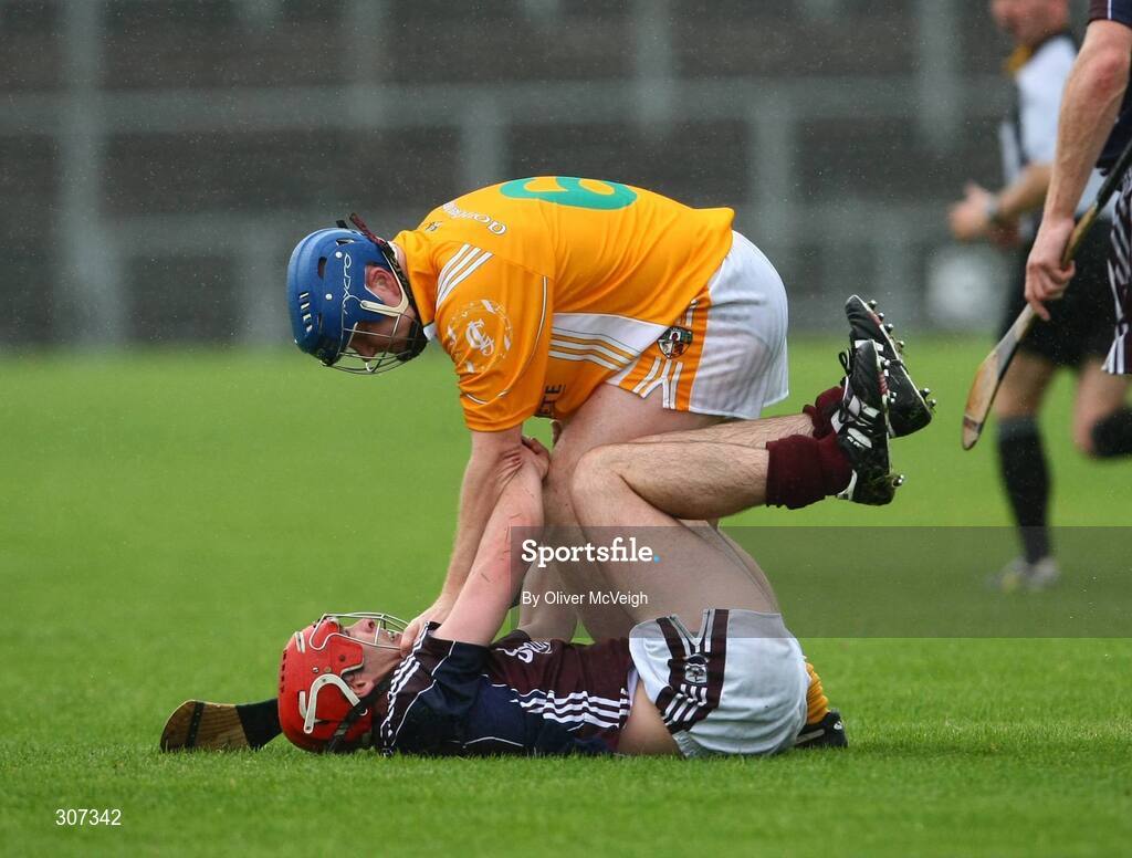 28 June 2008; Cyril Donnellan, Galway, in dispute with Karl McKeegan, Antrim. All-Ireland Senior Championship Qualifier, Round 1, Antrim v Galway, Casement Park, Belfast, Co. Antrim. Picture credit: Oliver McVeigh / SPORTSFILE
