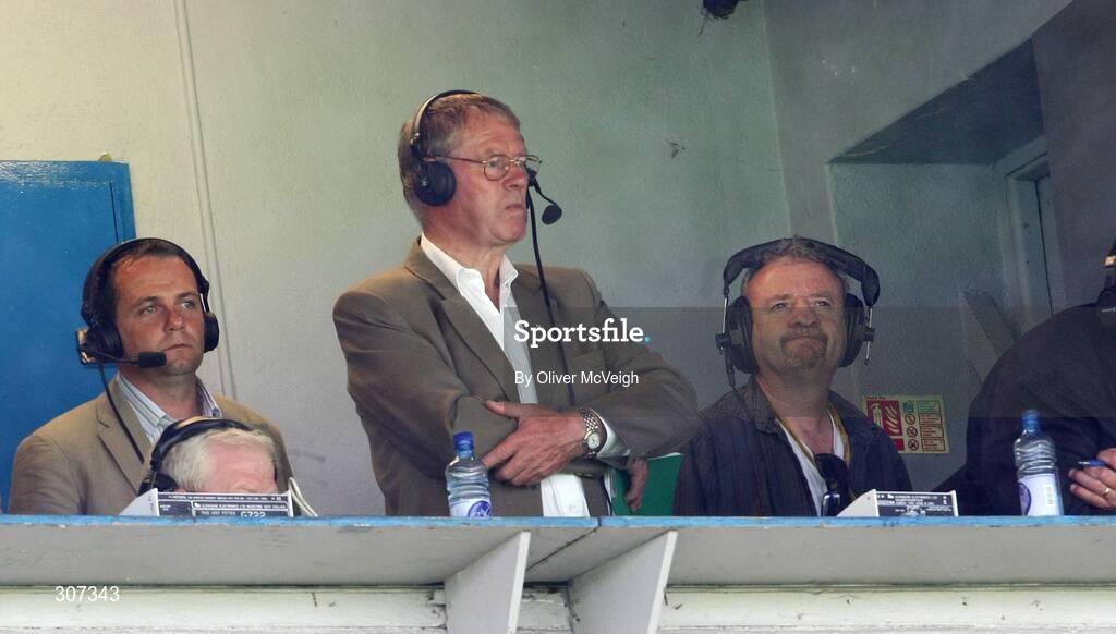 28 June 2008; Waterford manager Davy Fitzgerald, left, with RTE commentator Michael O Muircheartaigh during the game. All-Ireland Senior Championship Qualifier, Round 1, Antrim v Galway, Casement Park, Belfast, Co. Antrim. Picture credit: Oliver McVeigh / SPORTSFILE