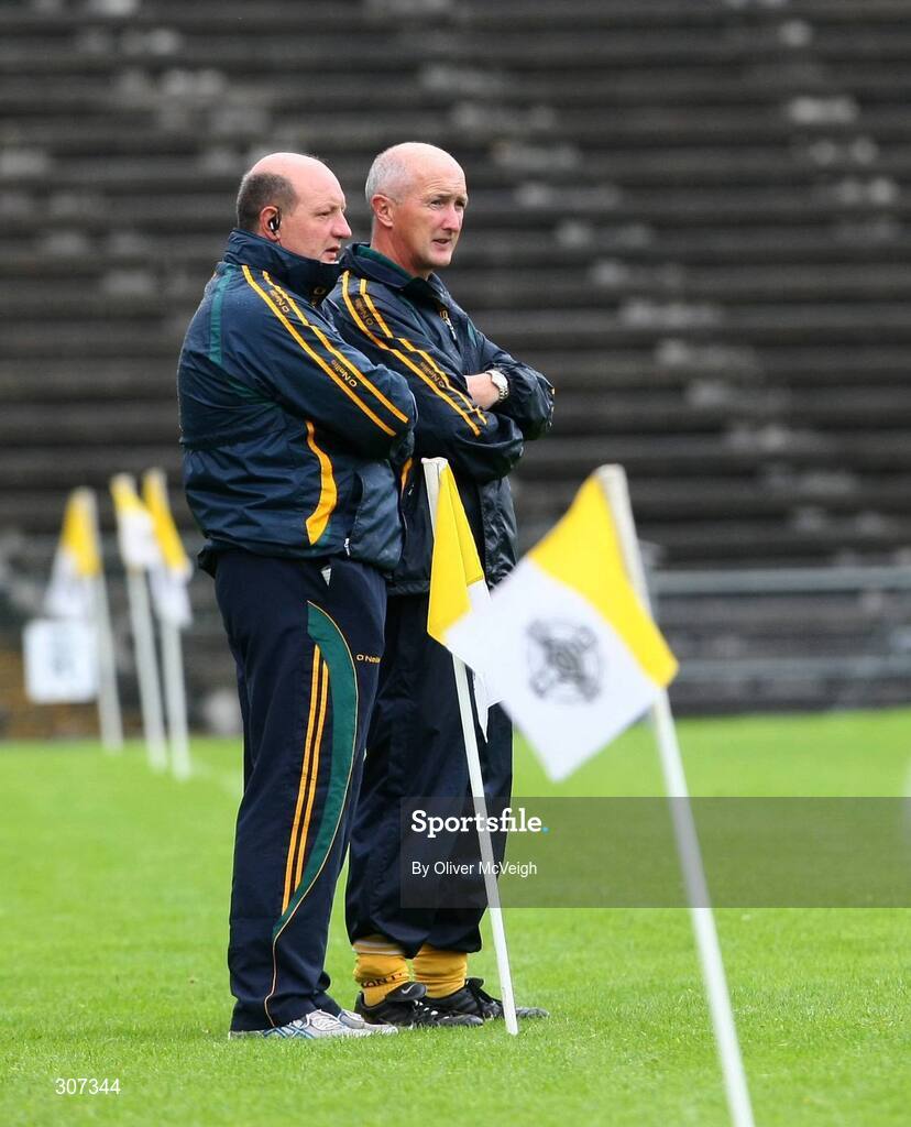28 June 2008; Antrim joint managers Terence 'Sambo' McNaughton, left, and Dominic McKinley look on from the sideline. All-Ireland Senior Championship Qualifier, Round 1, Antrim v Galway, Casement Park, Belfast, Co. Antrim. Picture credit: Oliver McVeigh / SPORTSFILE