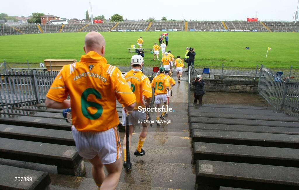 28 June 2008; The Antrim team take the field to an empty Casement park. All-Ireland Senior Championship Qualifier, Round 1, Antrim v Galway, Casement Park, Belfast, Co. Antrim. Picture credit: Oliver McVeigh / SPORTSFILE