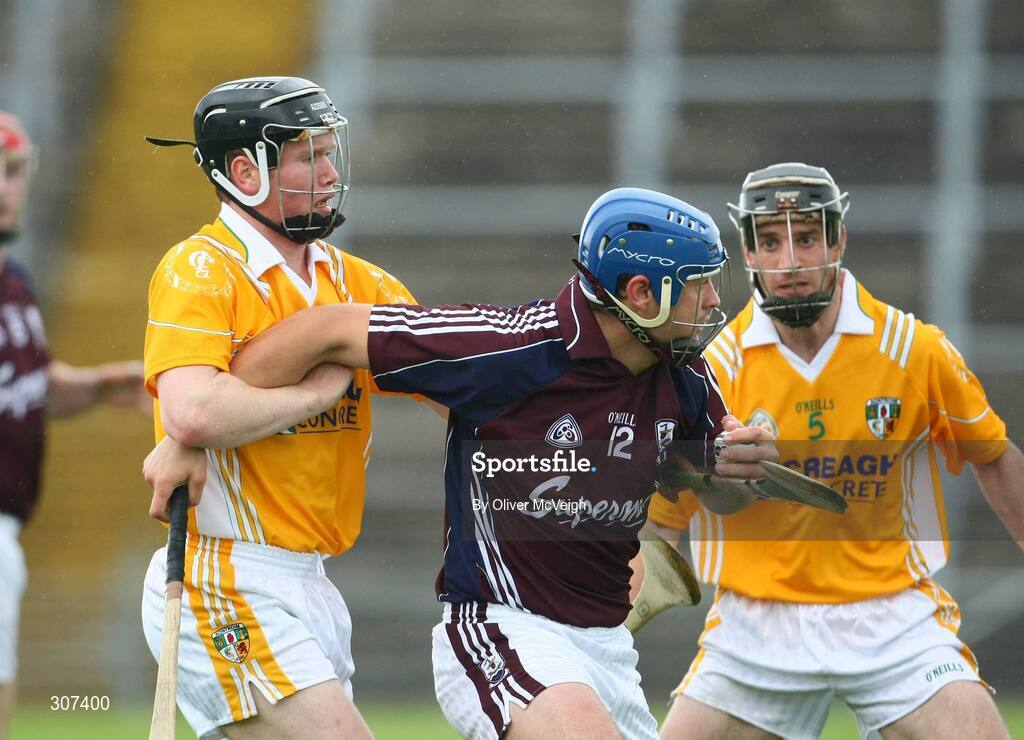 28 June 2008; Iarla Tannian, Galway, in action against James McKeague and Ciaran Herron, Antrim. All-Ireland Senior Championship Qualifier, Round 1, Antrim v Galway, Casement Park, Belfast, Co. Antrim. Picture credit: Oliver McVeigh / SPORTSFILE