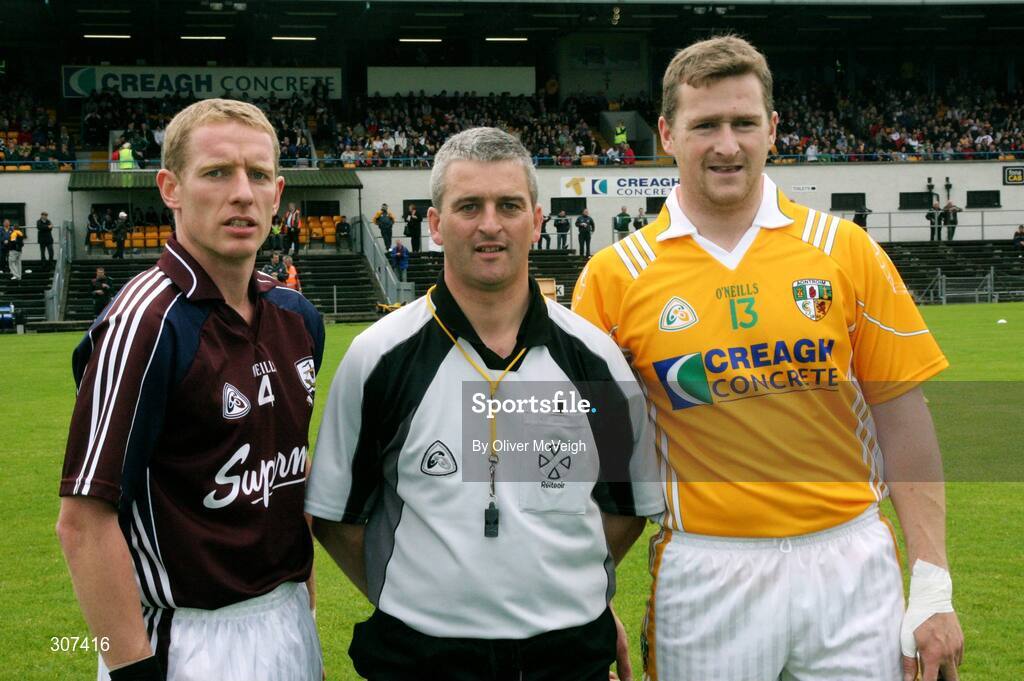 28 June 2008; Referee, Johnny Ryan along with Galway captain, Ollie Canning, and Antrim captain, Paddy Richmond, before the coin toss. All-Ireland Senior Championship Qualifier, Round 1, Antrim v Galway, Casement Park, Belfast, Co. Antrim. Picture credit: Oliver McVeigh / SPORTSFILE