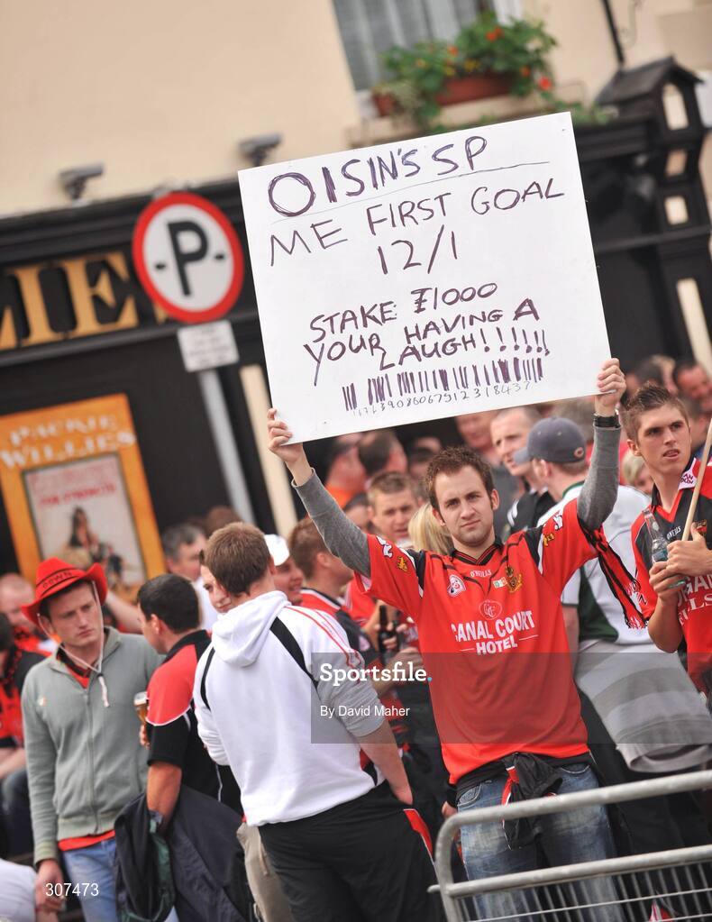 29 June 2008; A Down supporter holds a sign up high at the Diamond, Clones, Co.Monaghan. GAA Football Ulster Senior Championship Semi-Final, Down v Armagh, St Tighearnach's Park, Clones, Co. Monaghan. Picture credit: David Maher / SPORTSFILE