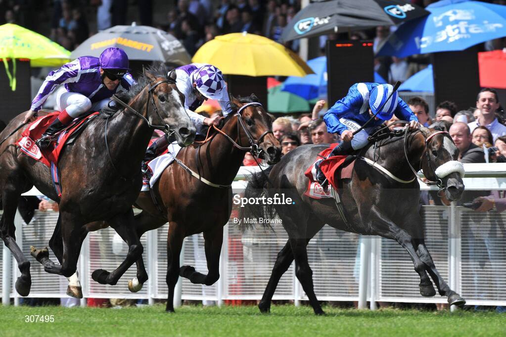29 June 2008; Mastercraftsman, left, with Johnny Murtagh up, on their way to winning the One 51 Railway Stakes from second place Alhaban, right, with Declan McDonagh and third place Intense Focus, centre, with Kevin Manning. Curragh Racecourse, Co. Kildare. Picture credit: Maurice Doyle / SPORTSFILE