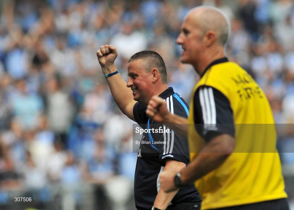 29 June 2008; Dublin manager Paul Caffrey and selector Paul Clarke celebrate at the final whistle. GAA Football Leinster Senior Championship Semi-Final, Dublin v Westmeath, Croke Park, Dublin. Picture credit: Brian Lawless / SPORTSFILE