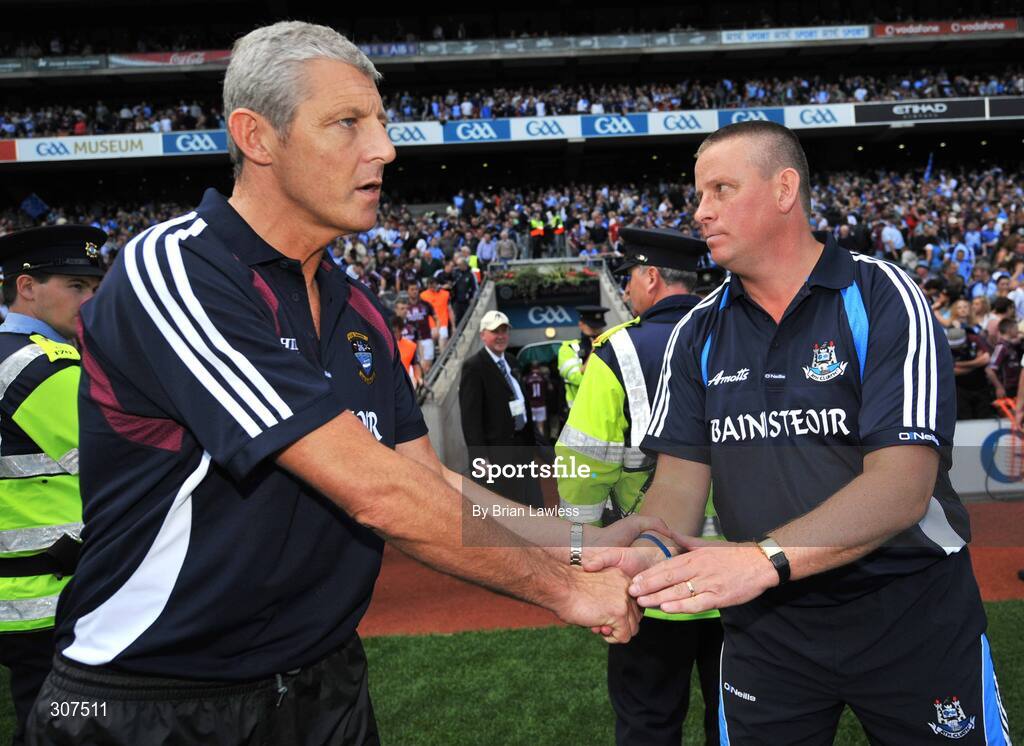 29 June 2008; Dublin manager Paul Caffrey shakes hands with Westmeath manager Tomas O Flaharta after the match. GAA Football Leinster Senior Championship Semi-Final, Dublin v Westmeath, Croke Park, Dublin. Picture credit: Brian Lawless / SPORTSFILE