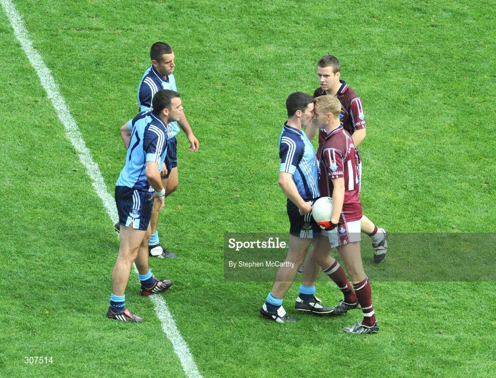 29 June 2008; Colin Moran, Dublin, and Denis Glennon, Westmeath, square up to each other during the closing stages of the game. GAA Football Leinster Senior Championship Semi-Final, Dublin v Westmeath, Croke Park, Dublin. Picture credit: Stephen McCarthy / SPORTSFILE
