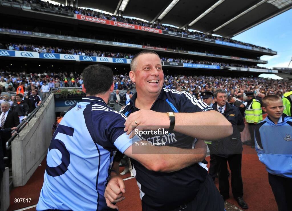 29 June 2008; Dublin manager Paul Caffrey celebrates with Dublin's Colin Moran after the match. GAA Football Leinster Senior Championship Semi-Final, Dublin v Westmeath, Croke Park, Dublin. Picture credit: Brian Lawless / SPORTSFILE