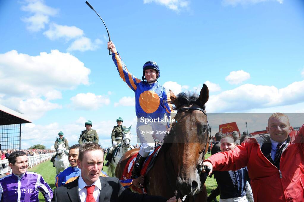 29 June 2008; Seamie Heffernan on Frozen Fire celebrates after winning the Dubai Duty Free Irish Derby. Curragh Racecourse, Co. Kildare. Picture credit: Matt Browne / SPORTSFILE