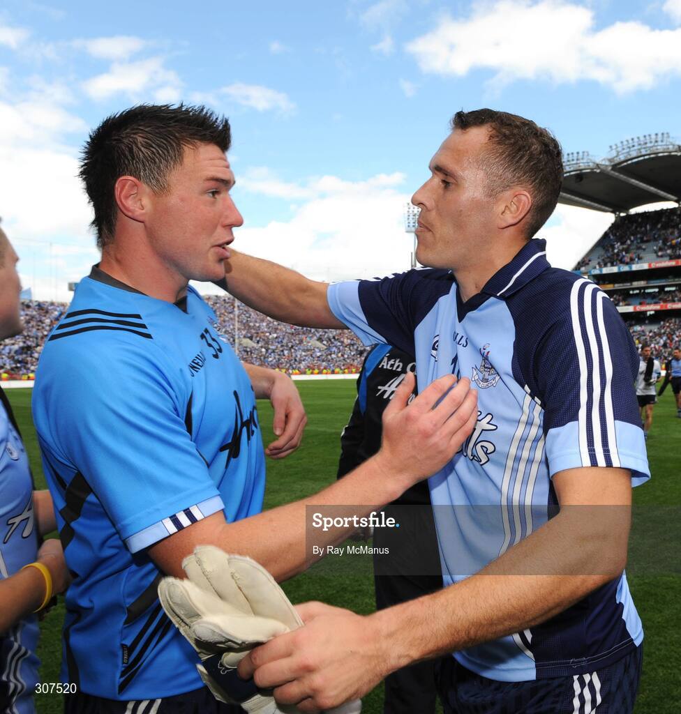29 June 2008; Dublin substitute Ciaran Whelan is congratulated by team-mate Éamon Fennell whom he replaced during the game. GAA Football Leinster Senior Championship Semi-Final, Dublin v Westmeath, Croke Park, Dublin. Picture credit: Ray McManus / SPORTSFILE