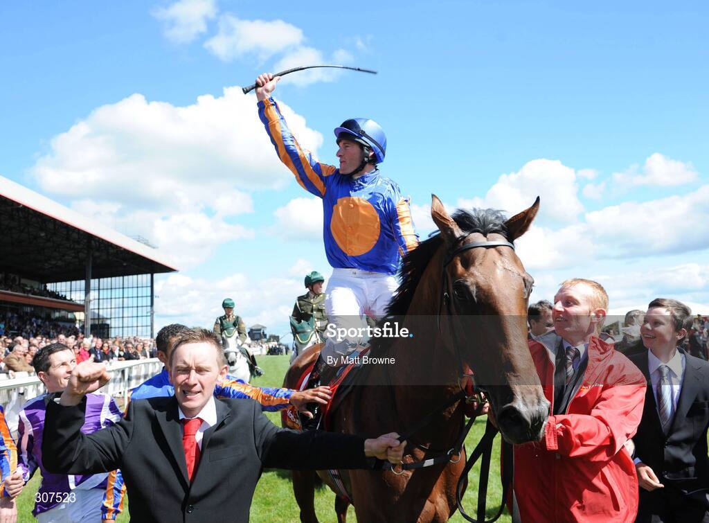 29 June 2008; Seamie Heffernan on Frozen Fire celebrates after winning the Dubai Duty Free Irish Derby. Curragh Racecourse, Co. Kildare. Picture credit: Matt Browne / SPORTSFILE