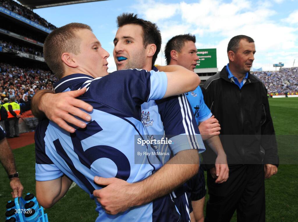 29 June 2008; Dublin players Tomas Quinn, left, and Bryan Cullen celebrate after the game. GAA Football Leinster Senior Championship Semi-Final, Dublin v Westmeath, Croke Park, Dublin. Picture credit: Ray McManus / SPORTSFILE