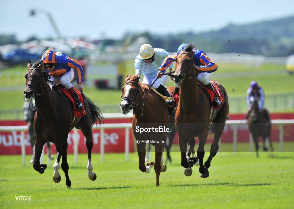 29 June 2008; Frozen Fire, right, with Seamie Heffernan up, on their way to winning the Dubai Duty Free Irish Derby from third place Tartan Bearer, centre, with Ryan Moore and fourth place Alessandro Volta with Johnny Murtagh. Curragh Racecourse, Co. Kildare. Picture credit: Matt Browne / SPORTSFILE