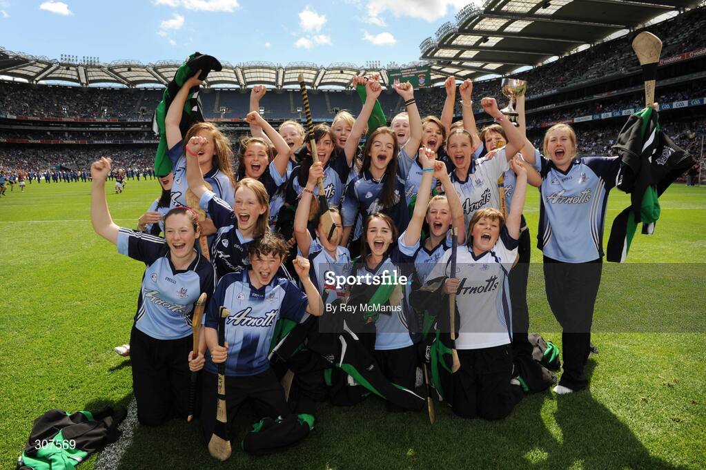 29 June 2008; The Lucan Sarsfields team celebrate their recent Feile na nGael Camogie Finals victory during the half-time break. GAA Football Leinster Senior Championship Semi-Final, Dublin v Westmeath, Croke Park, Dublin. Picture credit: Ray McManus / SPORTSFILE