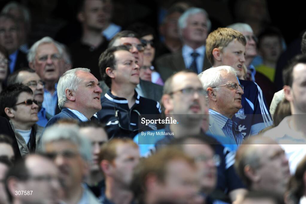 29 June 2008; Former Taoiseach Bertie Ahern, T.D., with former Dublin manager Kevin Heffernan behind him to the left, sings the National Anthem - Amhrain na bhFiann - before the game. GAA Football Leinster Senior Championship Semi-Final, Dublin v Westmeath, Croke Park, Dublin. Picture credit: Ray McManus / SPORTSFILE