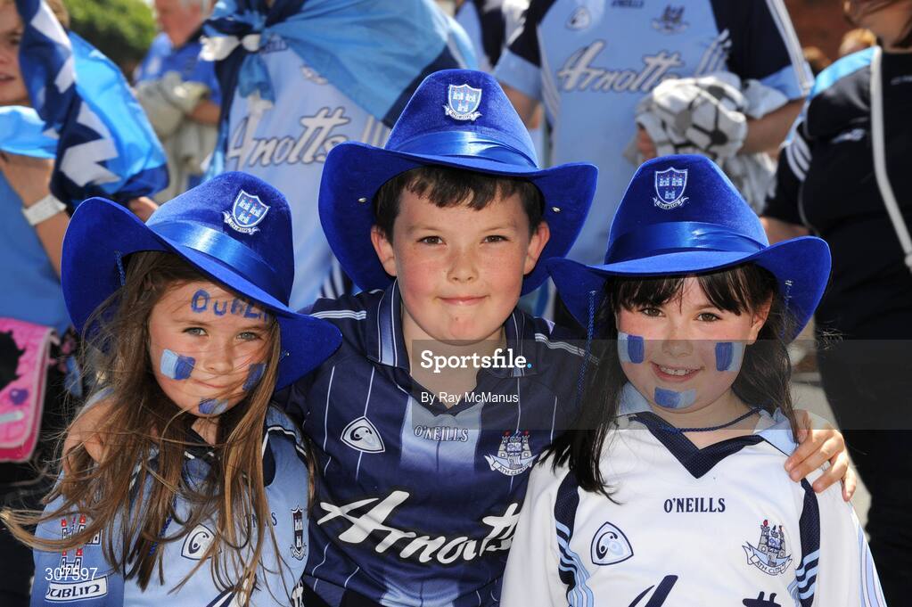 29 June 2008; Young supporters, from Clondalkin, Shauna Russell, left, six years, her brother Daniel, 8, and cousin Shannon Hayes, 7, cheering for Dublin before the game. GAA Football Leinster Senior Championship Semi-Final, Dublin v Westmeath, Croke Park, Dublin. Picture credit: Ray McManus / SPORTSFILE