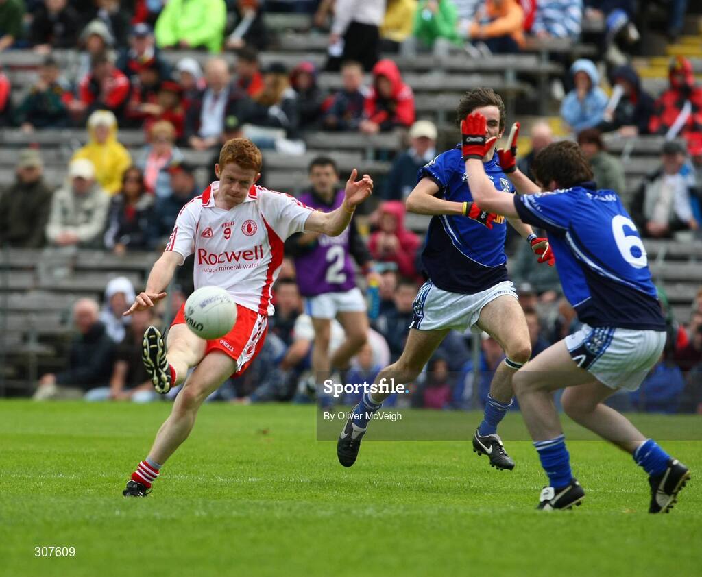 29 June 2008; Niall McKenna, Tyrone, in action against Fergal Flanagan, Cavan. ESB Ulster Minor Football Championship semi-final, Cavan v Tyrone, St Tighearnach's Park, Clones, Co. Monaghan. Picture credit: Oliver McVeigh / SPORTSFILE