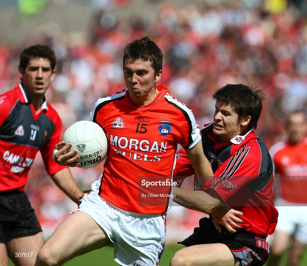 29 June 2008; Stephen Kernan, Armagh, in action against Damien Rafferty, Down. GAA Football Ulster Senior Championship Semi-Final, Down v Armagh, St Tighearnach's Park, Clones, Co. Monaghan. Picture credit: Oliver McVeigh / SPORTSFILE