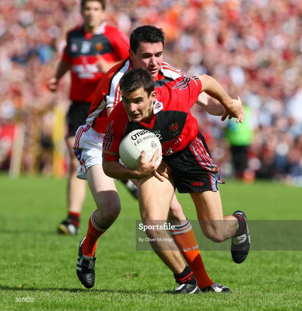 29 June 2008; Daniel Hughes, Down, in action against Andy Mallon, Armagh. GAA Football Ulster Senior Championship Semi-Final, Down v Armagh, St Tighearnach's Park, Clones, Co. Monaghan. Picture credit: Oliver McVeigh / SPORTSFILE