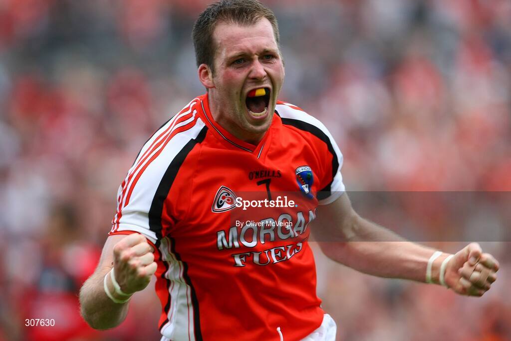 29 June 2008; Ciaran McKeever, Armagh, celebrates victory at the final whistle. GAA Football Ulster Senior Championship Semi-Final, Down v Armagh, St Tighearnach's Park, Clones, Co. Monaghan. Picture credit: Oliver McVeigh / SPORTSFILE