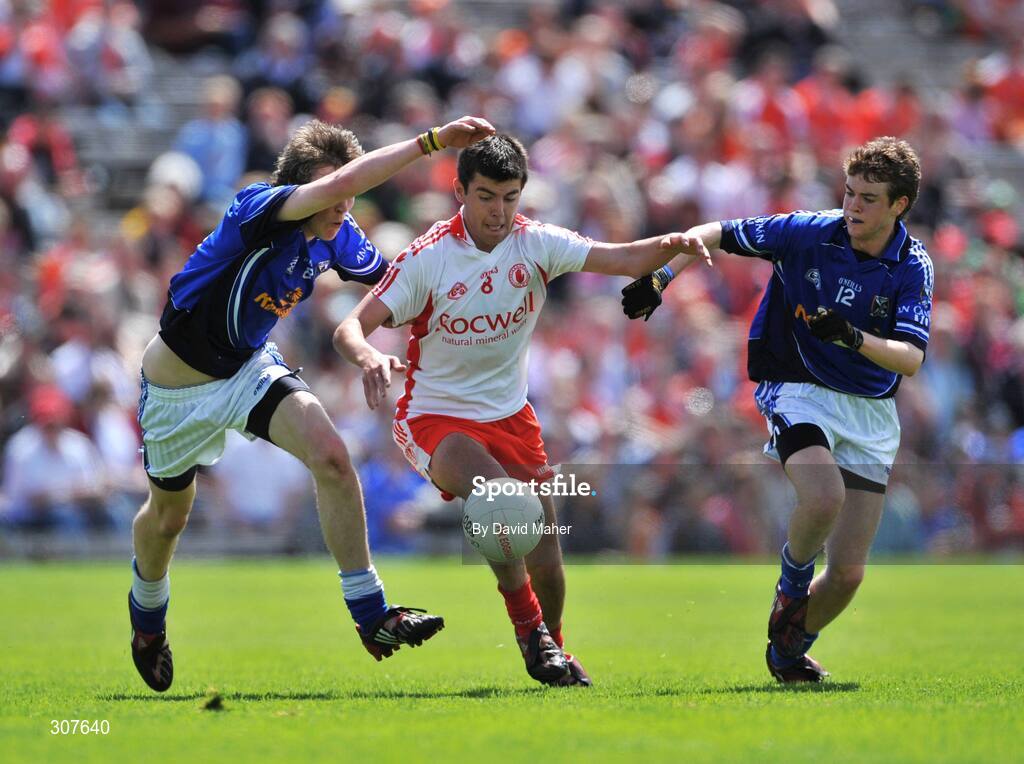 29 June 2008; Ciaran Girvan, Tyrone, in action against Gearoid McKiernan, left and Niall Smith, Cavan. ESB Ulster Minor Football Championship semi-final, Cavan v Tyrone, St Tighearnach's Park, Clones, Co. Monaghan. Picture credit: David Maher / SPORTSFILE