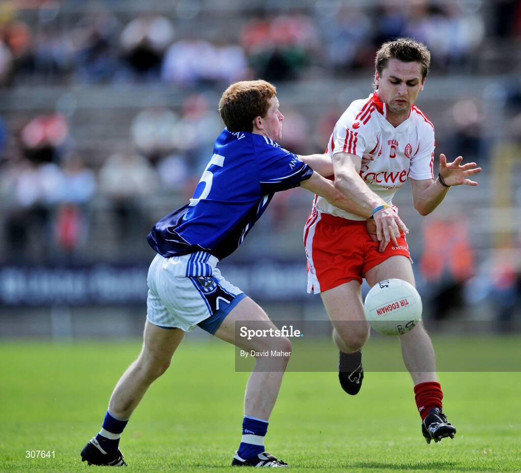 29 June 2008; Kevin Mossey, Tyrone, in action against Kevin Meehan, Cavan. ESB Ulster Minor Football Championship semi-final, Cavan v Tyrone, St Tighearnach's Park, Clones, Co. Monaghan. Picture credit: David Maher / SPORTSFILE