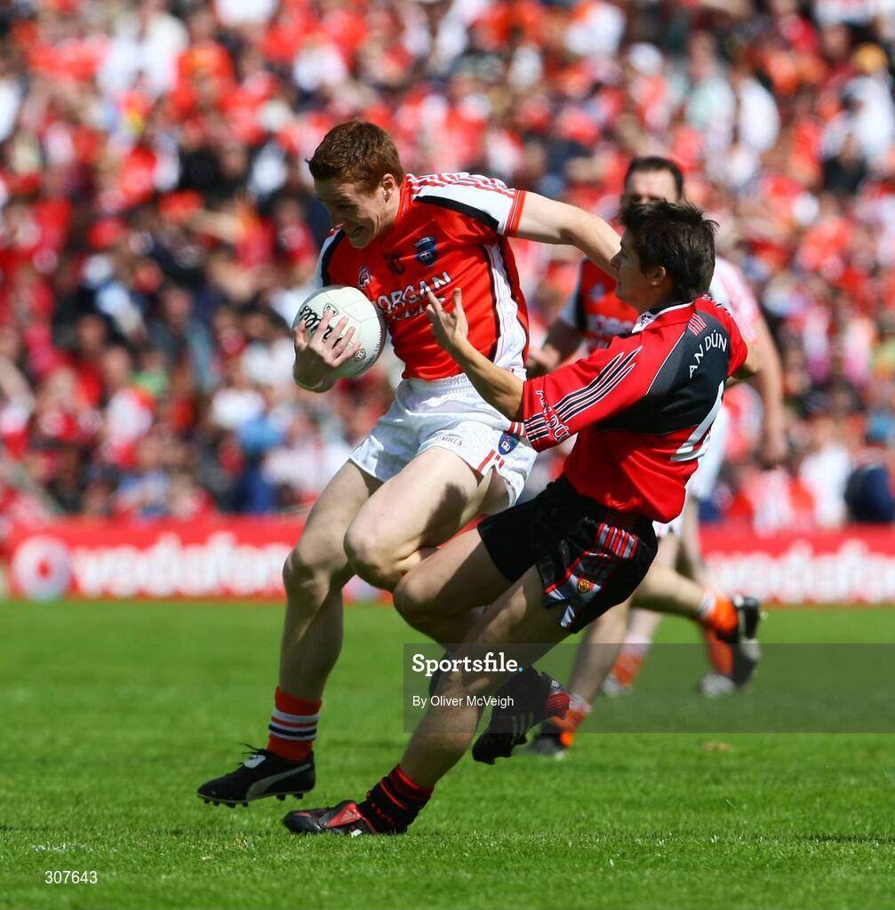 29 June 2008; Charlie Vernon, Armagh, in action against Damien Rafferty, Down. GAA Football Ulster Senior Championship Semi-Final, Down v Armagh, St Tighearnach's Park, Clones, Co. Monaghan. Picture credit: Oliver McVeigh / SPORTSFILE