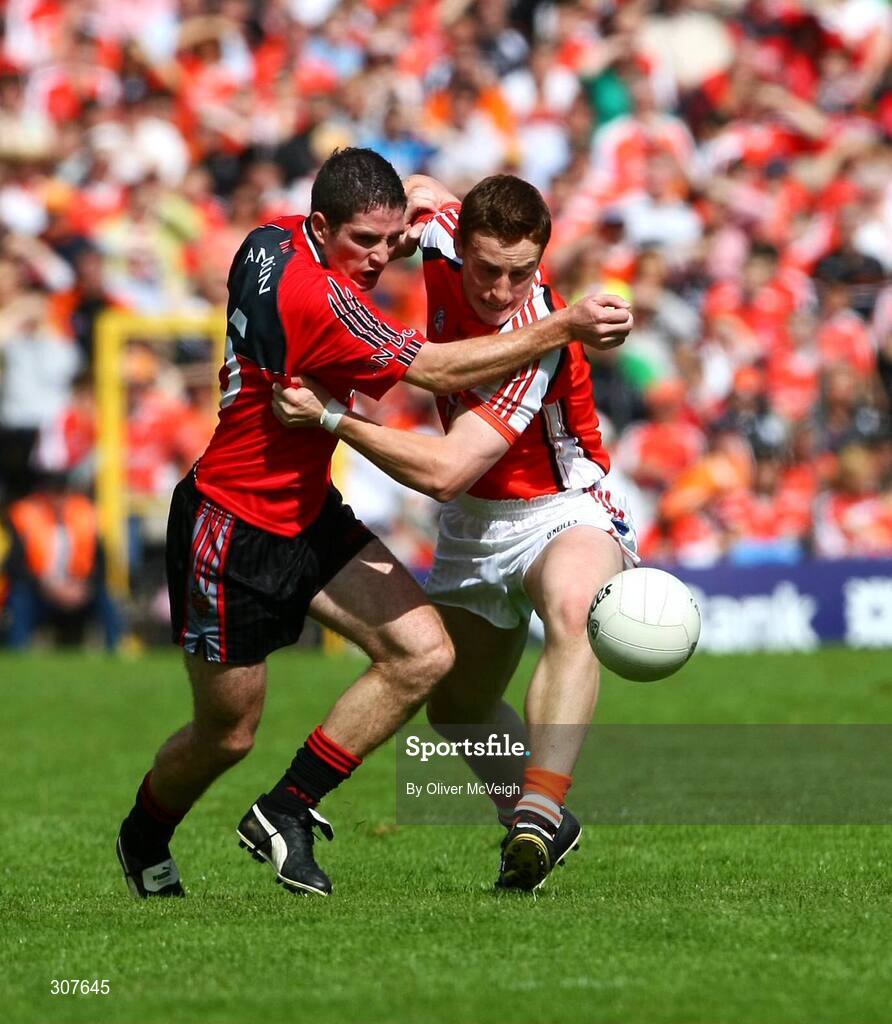 29 June 2008; Aidan Carr, Down, in action against Charlie Vernon, Armagh. GAA Football Ulster Senior Championship Semi-Final, Down v Armagh, St Tighearnach's Park, Clones, Co. Monaghan. Picture credit: Oliver McVeigh / SPORTSFILE