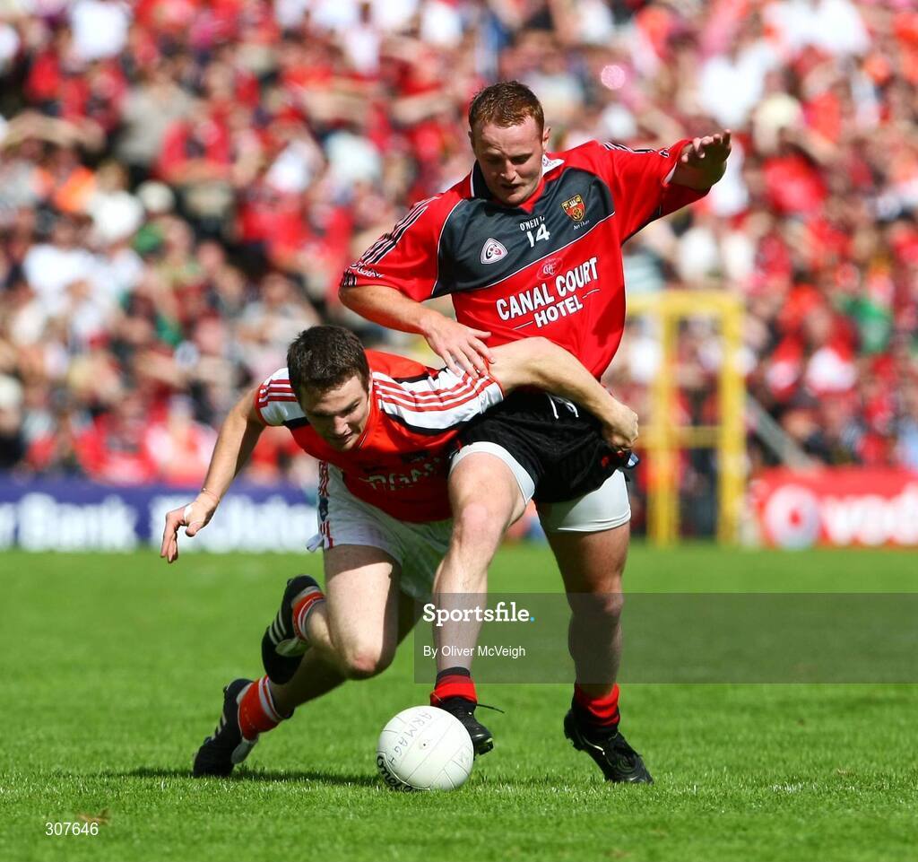 29 June 2008; Benny Coulter, Down, in action against Brendan Donaghy, Armagh. GAA Football Ulster Senior Championship Semi-Final, Down v Armagh, St Tighearnach's Park, Clones, Co. Monaghan. Picture credit: Oliver McVeigh / SPORTSFILE