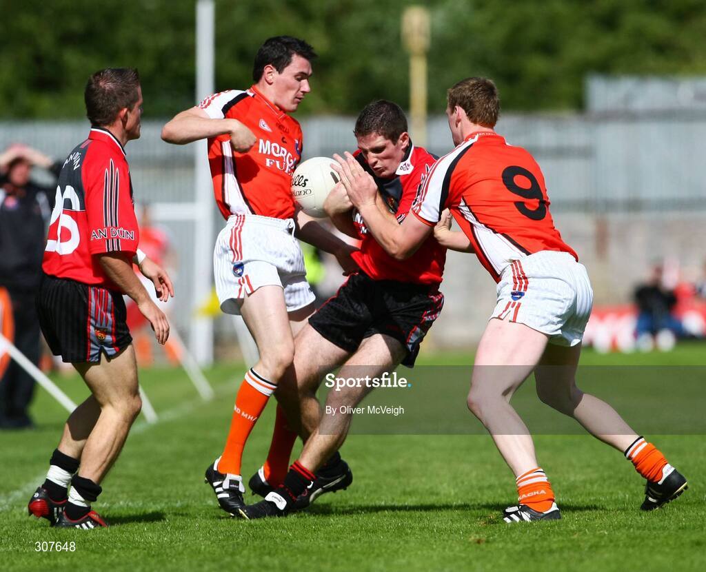 29 June 2008; Aidan Carr, Down, in action against Andy Mallon and Paul McGrane, Armagh. GAA Football Ulster Senior Championship Semi-Final, Down v Armagh, St Tighearnach's Park, Clones, Co. Monaghan. Picture credit: Oliver McVeigh / SPORTSFILE