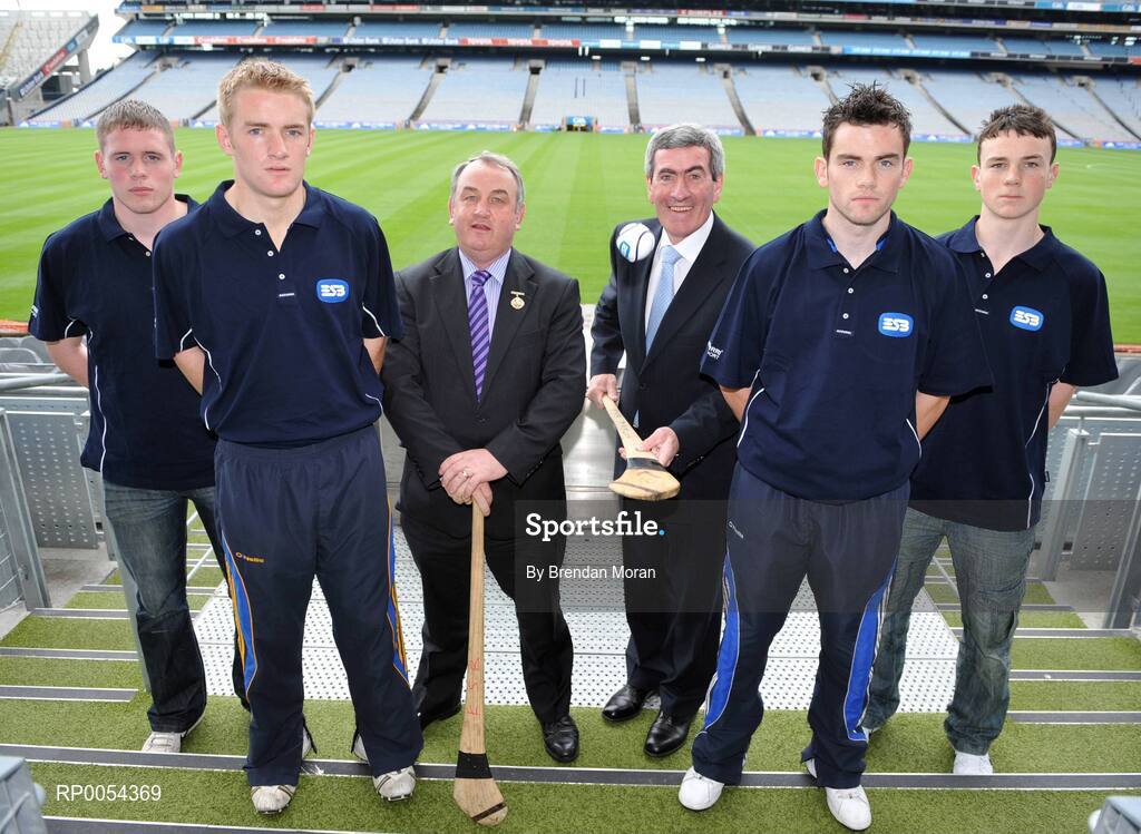 26 June 2008; At the launch of the 2008 ESB All-Ireland Minor Football and Hurling Championships, from left, Eugene Stritch, Roscommon, Noel McGrath, Tipperary, Nickey Brennan, President of the GAA, Padraig McManus, CEO, ESB, Oisin Moynagh, Cavan, and Liam Rushe, Dublin. Croke Park, Dublin. Picture credit: Brendan Moran / SPORTSFILE
