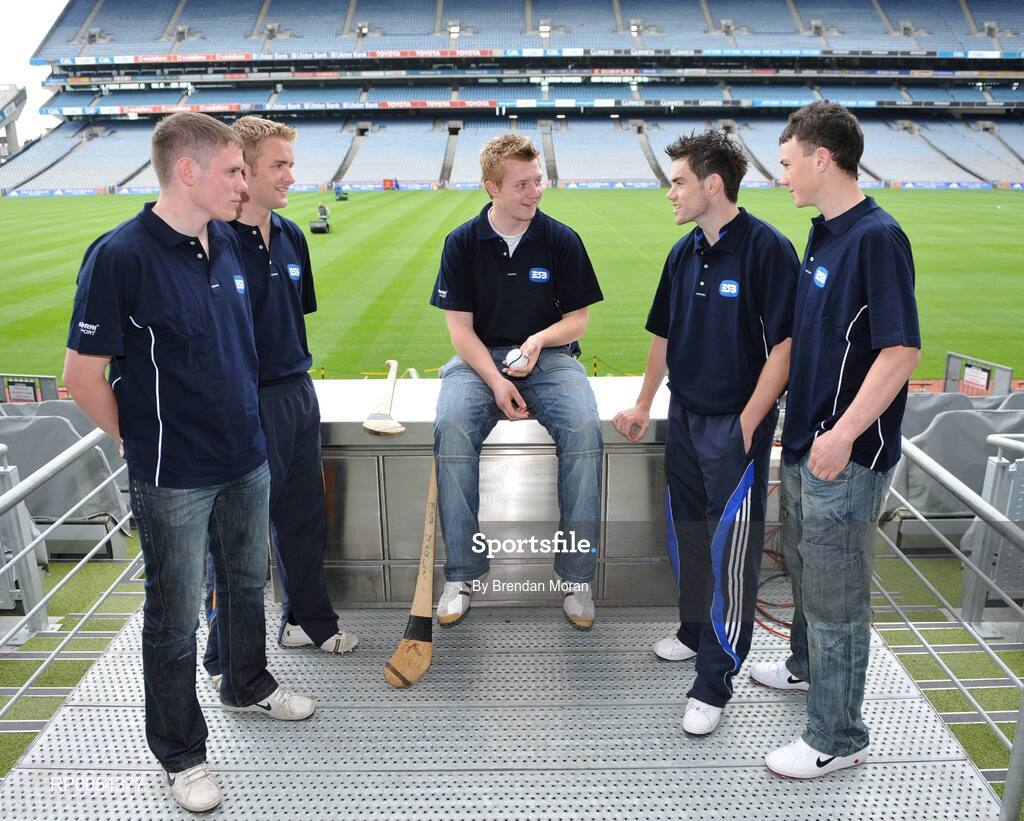 26 June 2008; At the launch of the 2008 ESB All-Ireland Minor Football and Hurling Championships, from left, Eugene Stritch, Roscommon, Noel McGrath, Tipperary, Galway hurler Joe Canning, Oisin Moynagh, Cavan, and Liam Rushe, Dublin. Croke Park, Dublin. Picture credit: Brendan Moran / SPORTSFILE