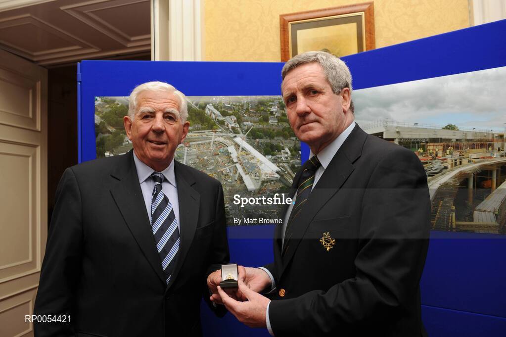 27 June 2008; New IRFU President John Lyons, left, receives his badge of office from outgoing president Der Healy during the IRFU Annual Council Meeting. Ballsbridge Court Hotel, Ballsbridge, Dublin. Picture credit: Matt Browne / SPORTSFILE