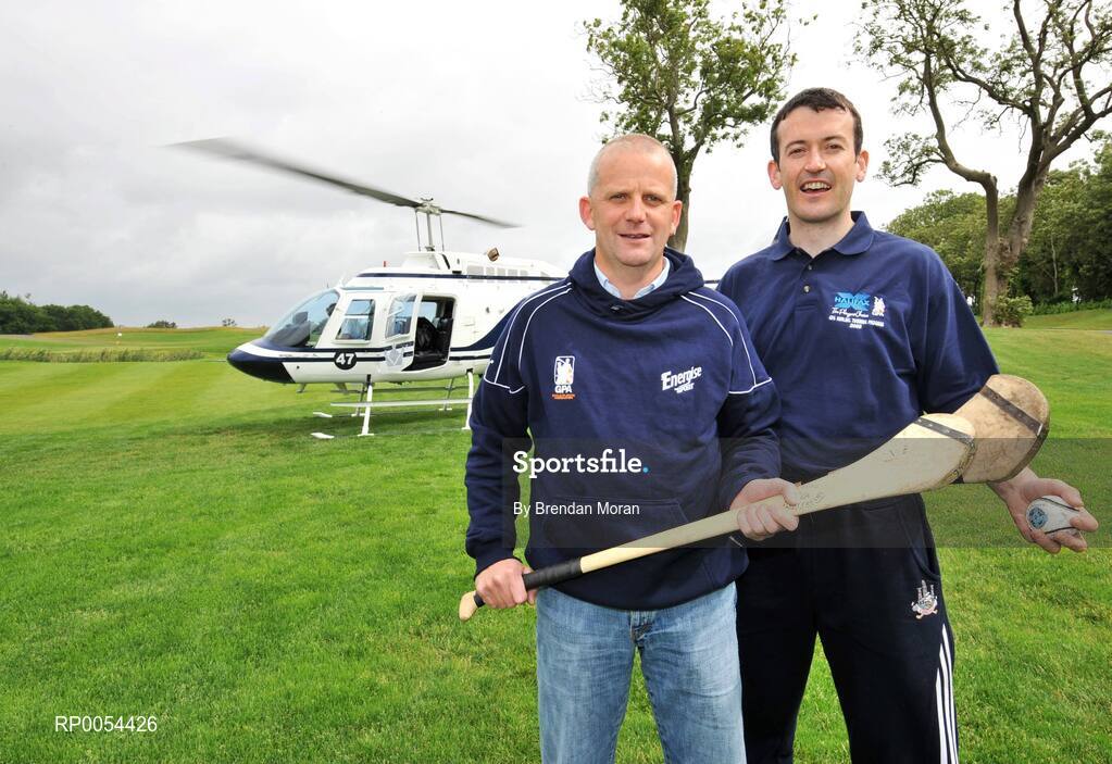28 June 2008; Cork goalkeeper Donal Og Cusack, right, and Cork trainer Jerry Wallace who touched down in Fermanagh for the latest event in the Halifax sponsored Gaelic Players Association Hurling Twinning Programme. Cusack and Wallace travelled by helicopter from the Castleknock Golf and Country Club to the Fermanagh County Training centre at Lissan outside Enniskillen where they conducted an extensive coaching session with the Fermanagh senior hurling squad. The Hurling Twinning Programme, aimed at promoting hurling in the non-traditional areas, sees counties from the Nicky Rackard Cup paired with their counterparts at Liam McCarthy Cup level. Picture credit: Brendan Moran / SPORTSFILE