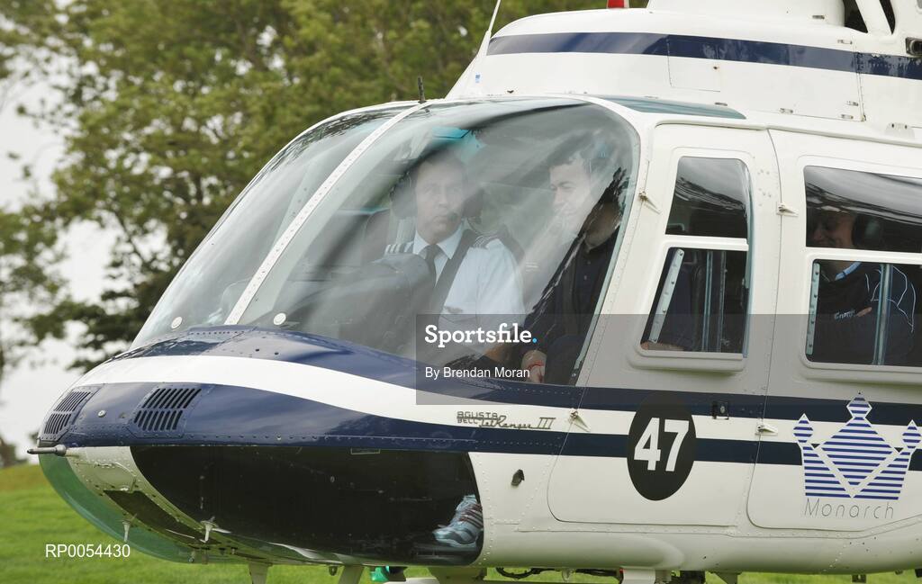 28 June 2008; Cork goalkeeper Donal Og Cusack, centre and Cork trainer Jerry Wallace who touched down in Fermanagh for the latest event in the Halifax sponsored Gaelic Players Association Hurling Twinning Programme. Cusack and Wallace travelled by helicopter from the Castleknock Golf and Country Club to the Fermanagh County Training centre at Lissan outside Enniskillen where they conducted an extensive coaching session with the Fermanagh senior hurling squad. The Hurling Twinning Programme, aimed at promoting hurling in the non-traditional areas, sees counties from the Nicky Rackard Cup paired with their counterparts at Liam McCarthy Cup level. Picture credit: Brendan Moran / SPORTSFILE