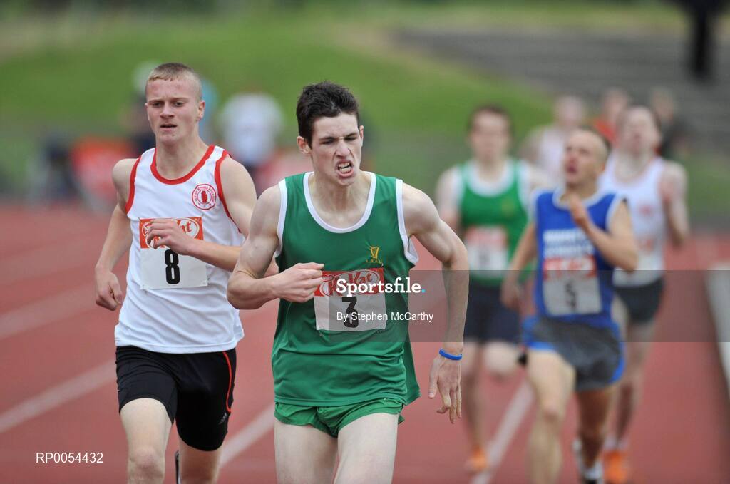 28 June 2008; Brian Kelly, Knockbeg, Carlow, crosses the line to win the Boys 800m, from second place Adam Ingram, Hazelwood Integrated, Antrim, at the KitKat Tailteann inter provincial track & field final. Morton Stadium, Santry, Dublin. Picture credit: Stephen McCarthy / SPORTSFILE