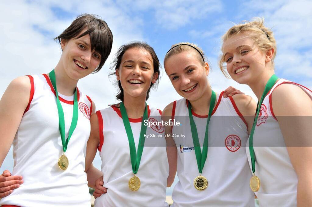 28 June 2008; Memebrs of the Ulster team, from left, Louise Harvey, Christine Timoney, Joanna Mills and Rachel Harvey after winnig the Girls 4x300m Relay at the KitKat Tailteann inter provincial track & field final. Morton Stadium, Santry, Dublin. Picture credit: Stephen McCarthy / SPORTSFILE