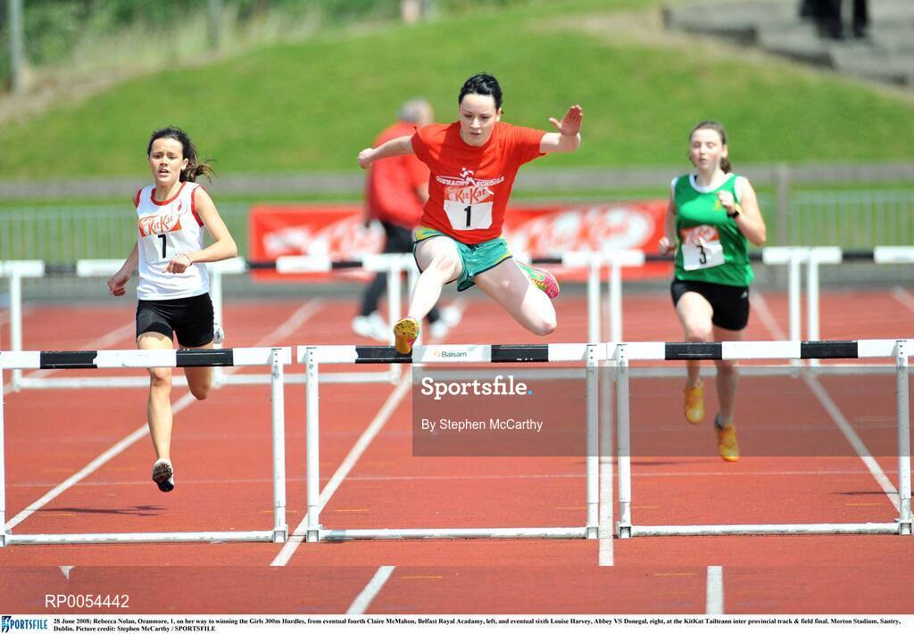 28 June 2008; Rebecca Nolan, Oranmore, Galway, 1, on her way to winning the Girls 300m Hurdles, from eventual fourth Claire McMahon, Belfast Royal Acadamy, Antrim, left, and eventual sixth Louise Harvey, Abbey VS Donegal, right, at the KitKat Tailteann inter provincial track & field final. Morton Stadium, Santry, Dublin. Picture credit: Stephen McCarthy / SPORTSFILE