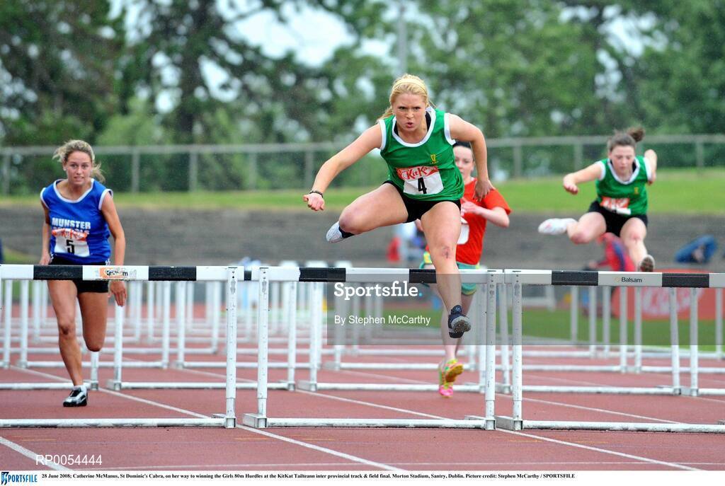 28 June 2008; Catherine McManus, St Dominic's Cabra, Dublin, on her way to winning the Girls 80m Hurdles at the KitKat Tailteann inter provincial track & field final. Morton Stadium, Santry, Dublin. Picture credit: Stephen McCarthy / SPORTSFILE