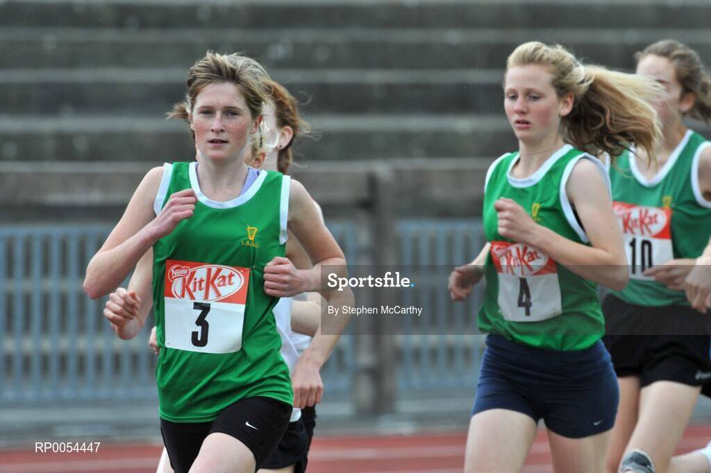 28 June 2008; Tara Jameson, Dominican Wicklow, on her way to winning the Girls 3000m from eventual third Mary Mulhare, Presentation Portlaoise, Co. Laois, 4, at the KitKat Tailteann inter provincial track & field final. Morton Stadium, Santry, Dublin. Picture credit: Stephen McCarthy / SPORTSFILE