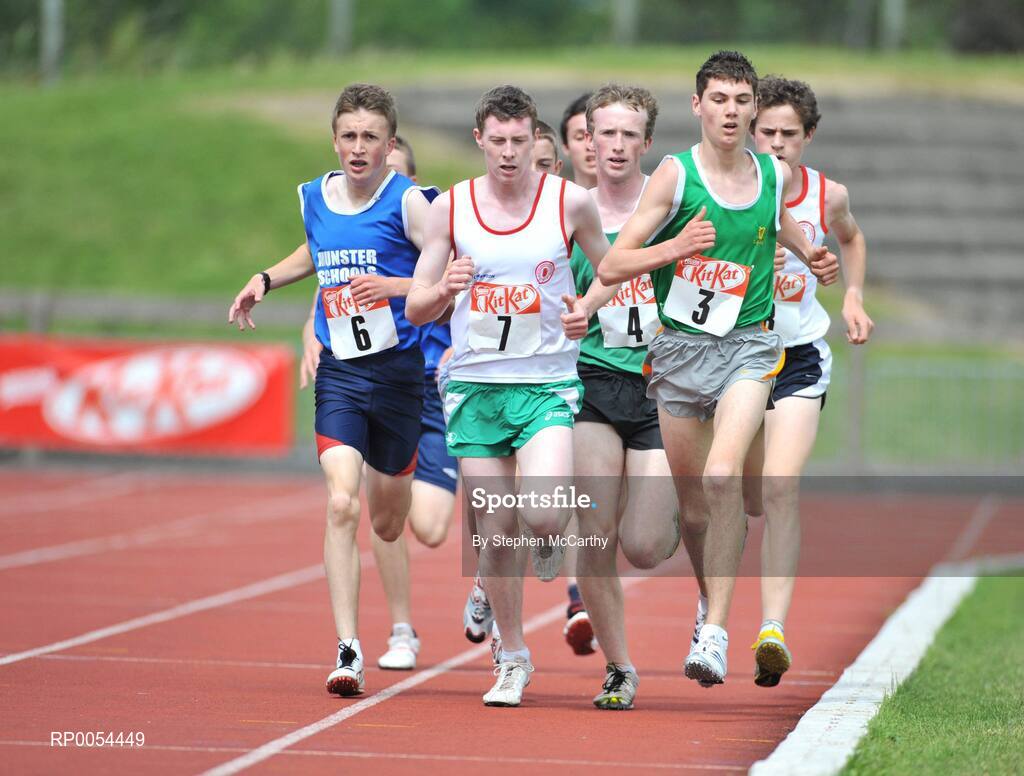228 June 2008; Jake Byrne, St Joseph's Rochfordbridge, Co. Westmeath, 3, on his way to winning the Boys 3000m from eventual third Noel Cullen, St. Michael's Eniskillen, Co. Fermanagh, 7, and Conor Rochford, Abbey College, Waterford, 6, at the KitKat Tailteann inter provincial track & field final. Morton Stadium, Santry, Dublin. Picture credit: Stephen McCarthy / SPORTSFILE