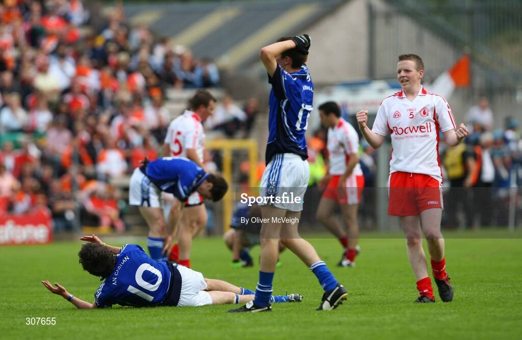 29 June 2008; Stephen McRory, Tyrone, celbrates at the final whistle as Cavan's Niall Murray and Niall McDermott react in dispair. ESB Ulster Minor Football Championship semi-final, Cavan v Tyrone, St Tighearnach's Park, Clones, Co. Monaghan. Picture credit: Oliver McVeigh / SPORTSFILE
