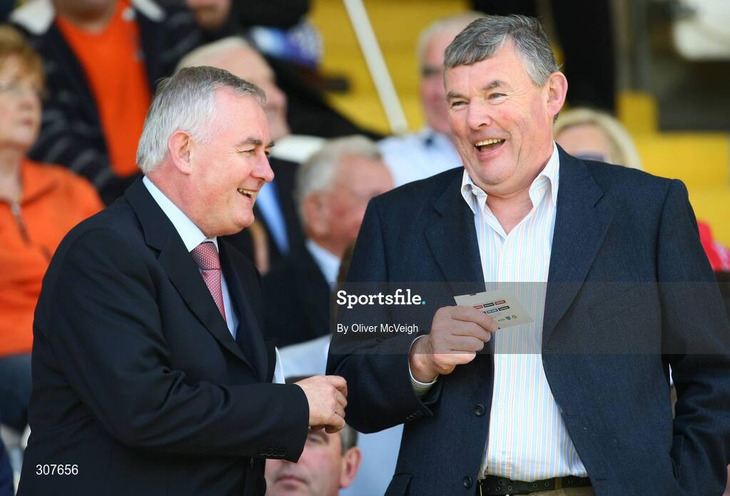 29 June 2008; GAA President Elect Christy Cooney shares a joke with former GAA President Sean McCague before the game. GAA Football Ulster Senior Championship Semi-Final, Down v Armagh, St Tighearnach's Park, Clones, Co. Monaghan. Picture credit: Oliver McVeigh / SPORTSFILE