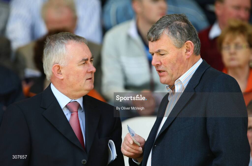 29 June 2008; GAA President Elect Christy Cooney, left, in conversation with former GAA President Sean McCague before the game. GAA Football Ulster Senior Championship Semi-Final, Down v Armagh, St Tighearnach's Park, Clones, Co. Monaghan. Picture credit: Oliver McVeigh / SPORTSFILE