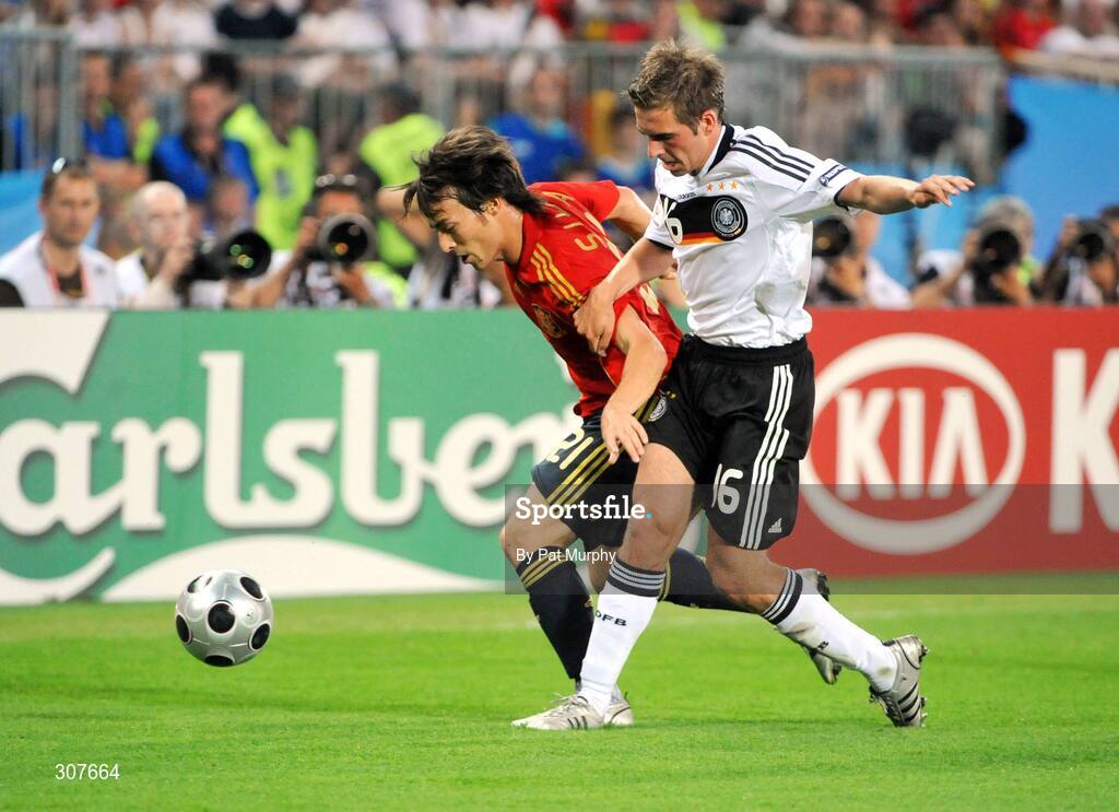 29 June 2008; David Silva, Spain, in action against Philipp Lahm, Germany. UEFA EURO 2008TM, Final, Germany v Spain, Ernst Happel Stadion, Vienna, Austria. Picture credit; Pat Murphy / SPORTSFILE
