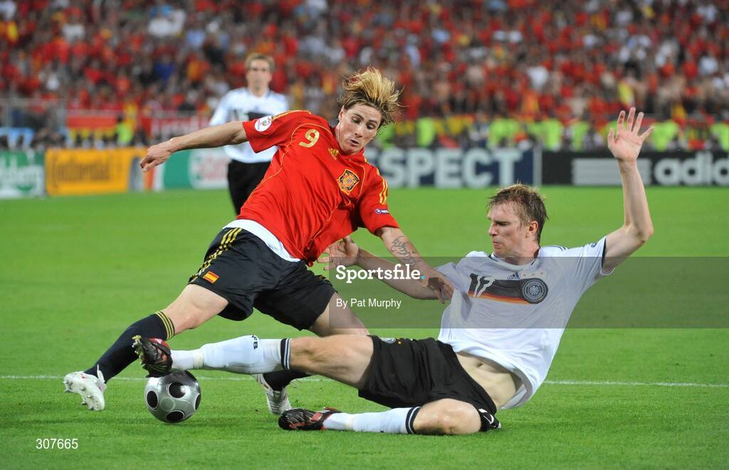 29 June 2008; Fernando Torres, Spain, in action against Per Mertesacker, Germany. UEFA EURO 2008TM, Final, Germany v Spain, Ernst Happel Stadion, Vienna, Austria. Picture credit; Pat Murphy / SPORTSFILE